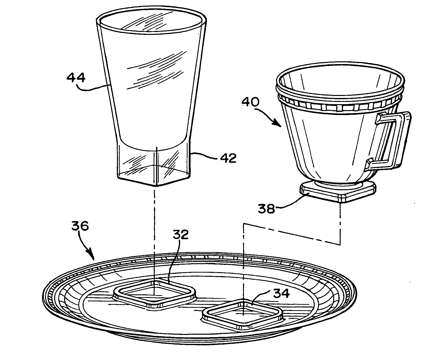 Combination food plate with cavity, for securing cup and glass with complementary bases, within cavity