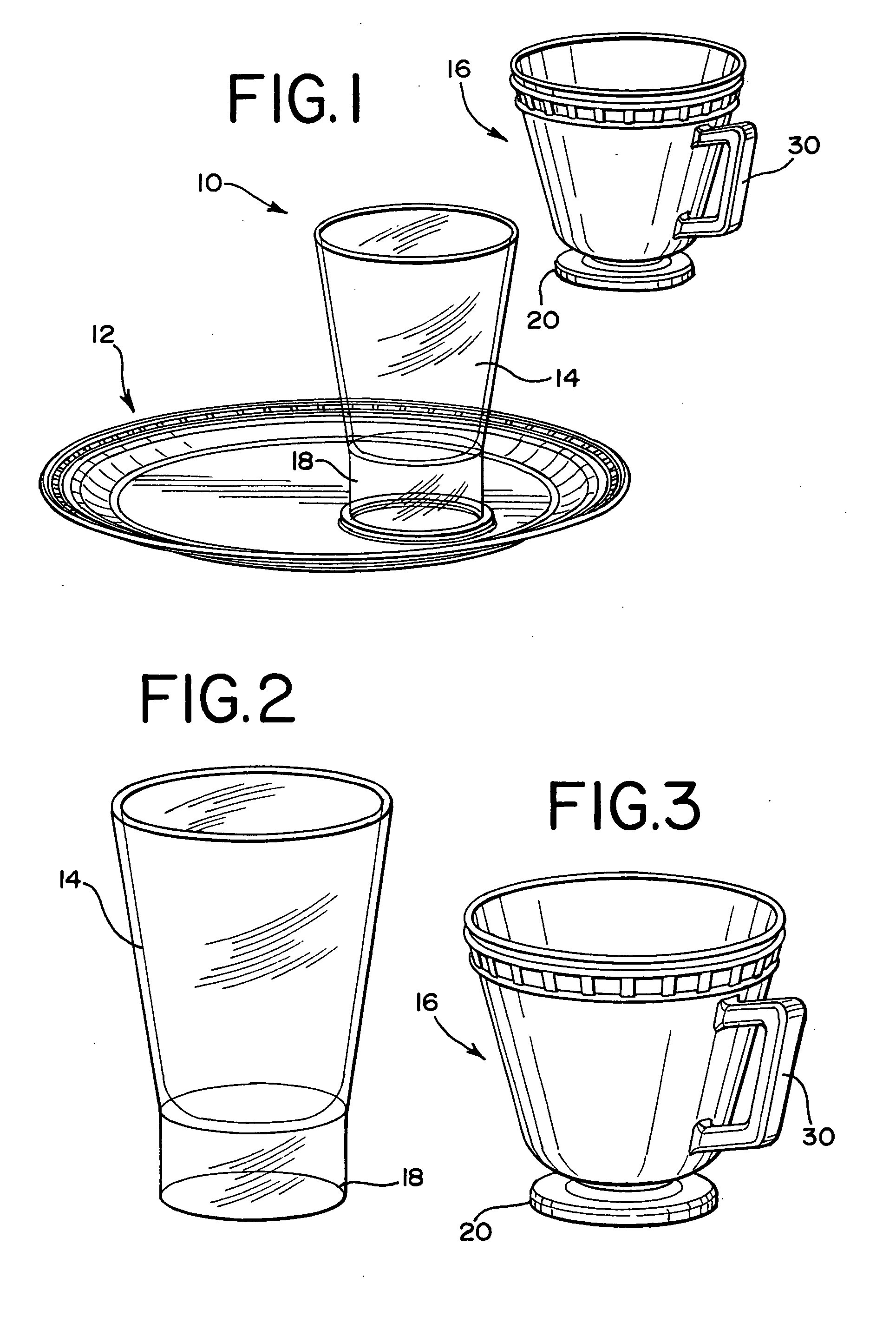 Combination food plate with cavity, for securing cup and glass with complementary bases, within cavity