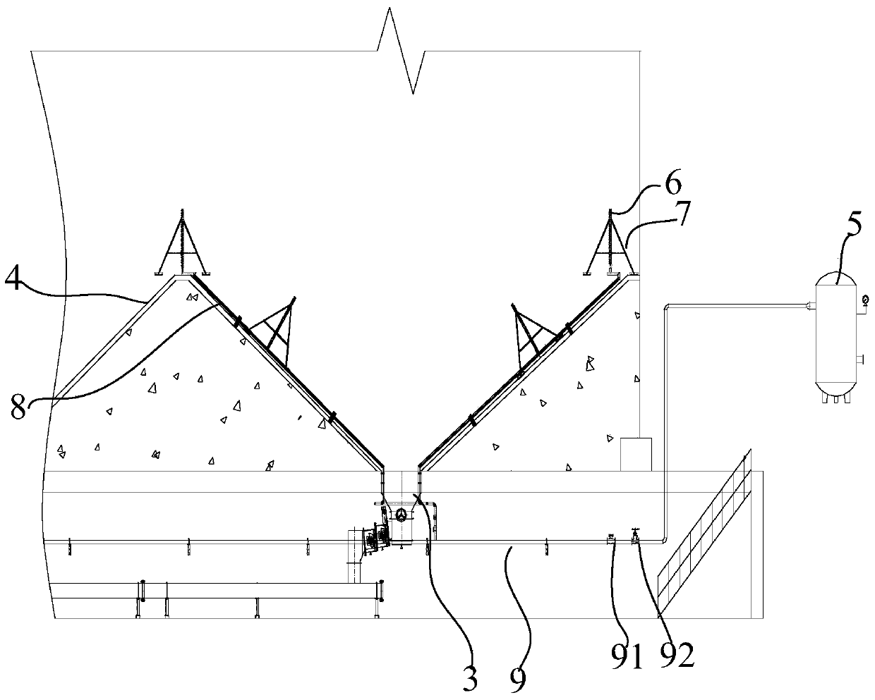 Arch breaking system for powdery materials in energy-saving and environmentally friendly storage equipment