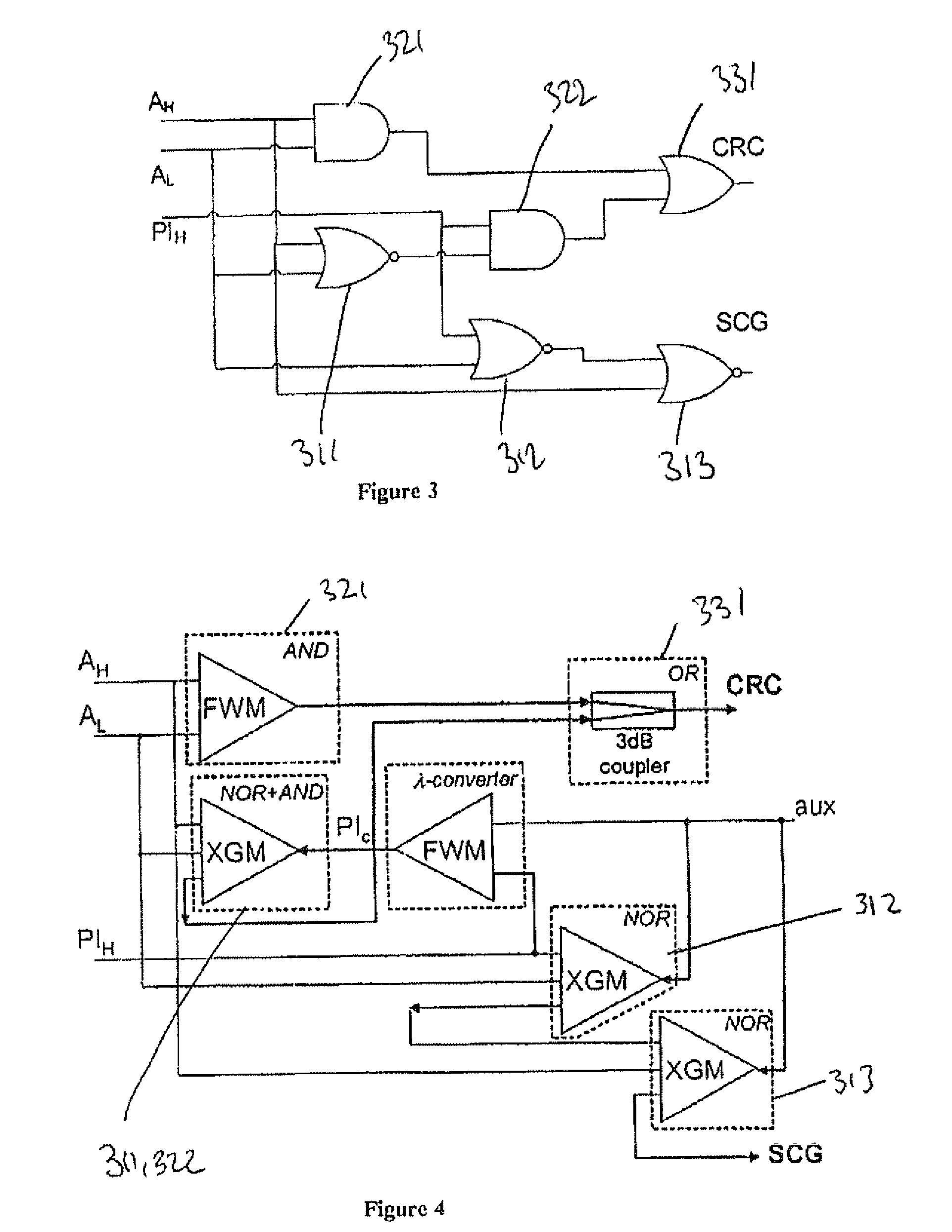 All optical processing circuit for conflict resolution and switch configuration in a 2x2 optical node