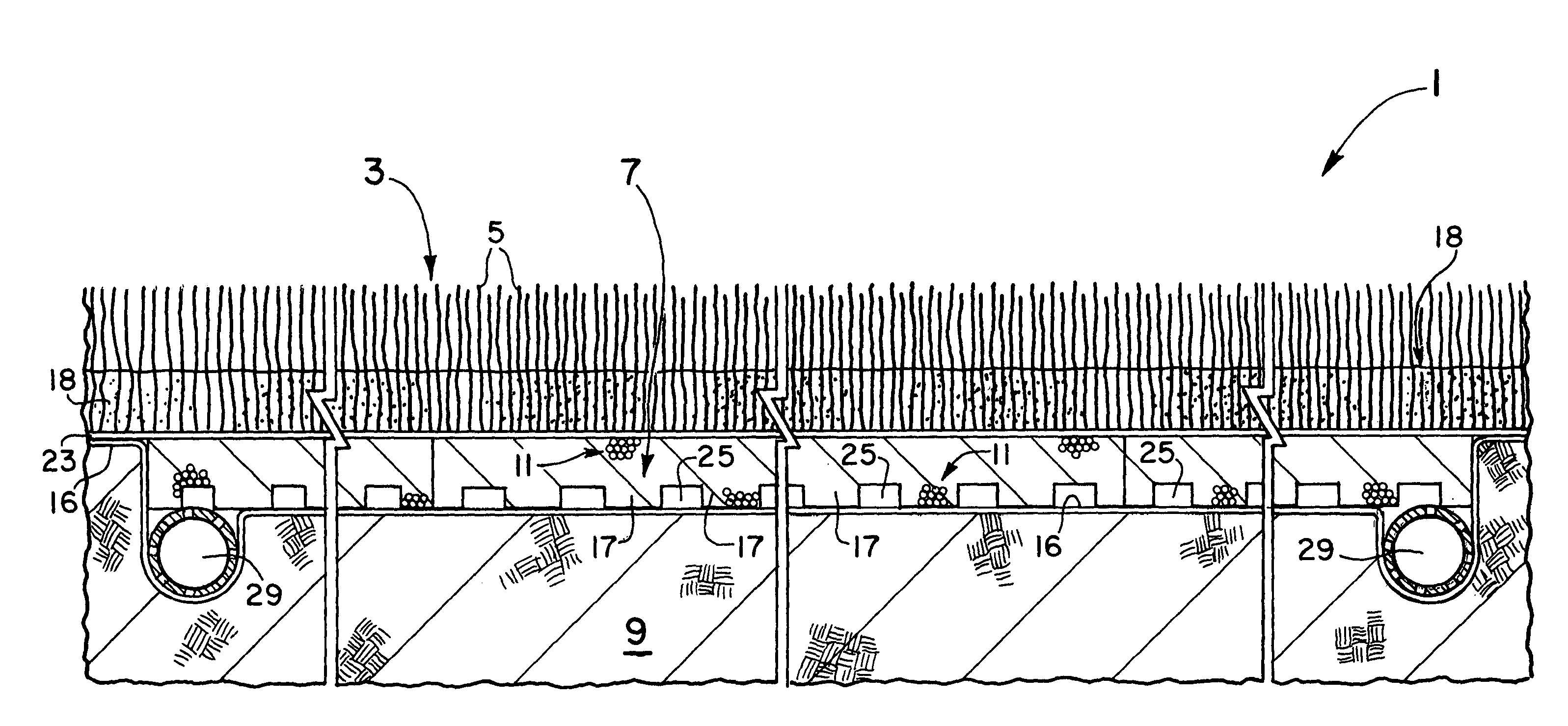 Multi-layered sports playing field with a water draining, padding layer
