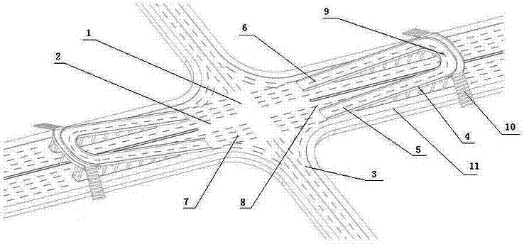 Method and bridge for realizing continuous passing of vehicles at level crossing by utilizing U-shaped rotary bridges