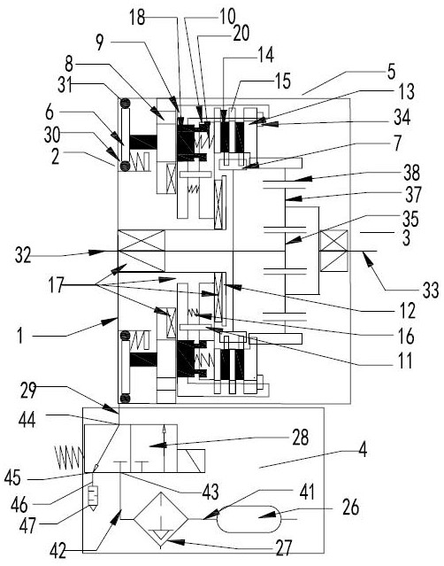 Gear shifting fluid control device of one-control-two-gear transmission and working method of gear shifting fluid control device