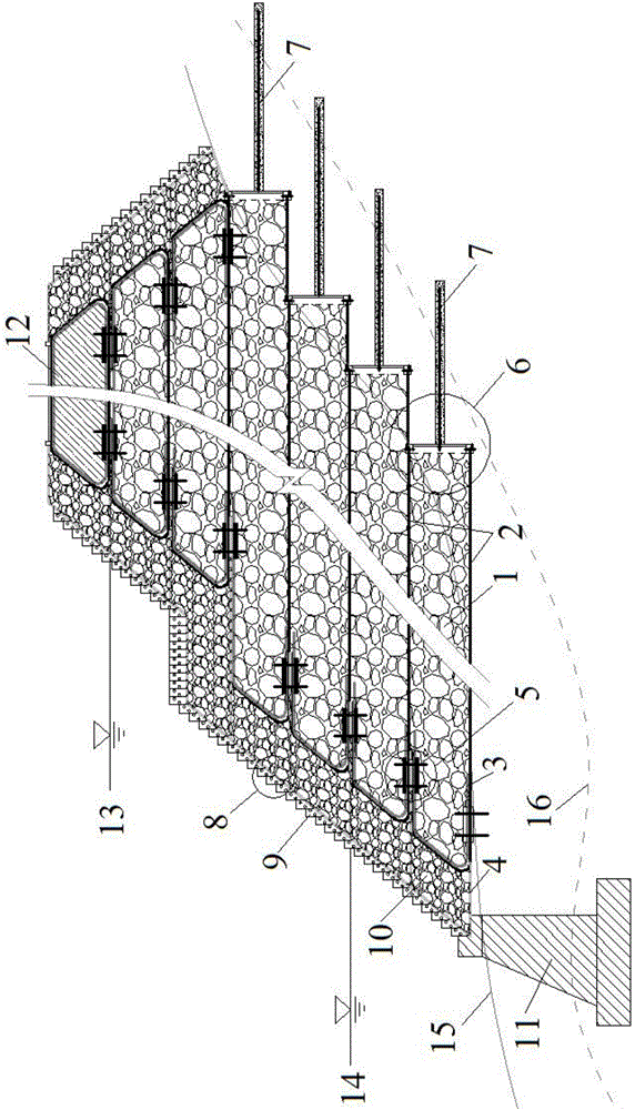 Immerseable embankment high slope interlocked ecological brick flexible protection structure and construction method