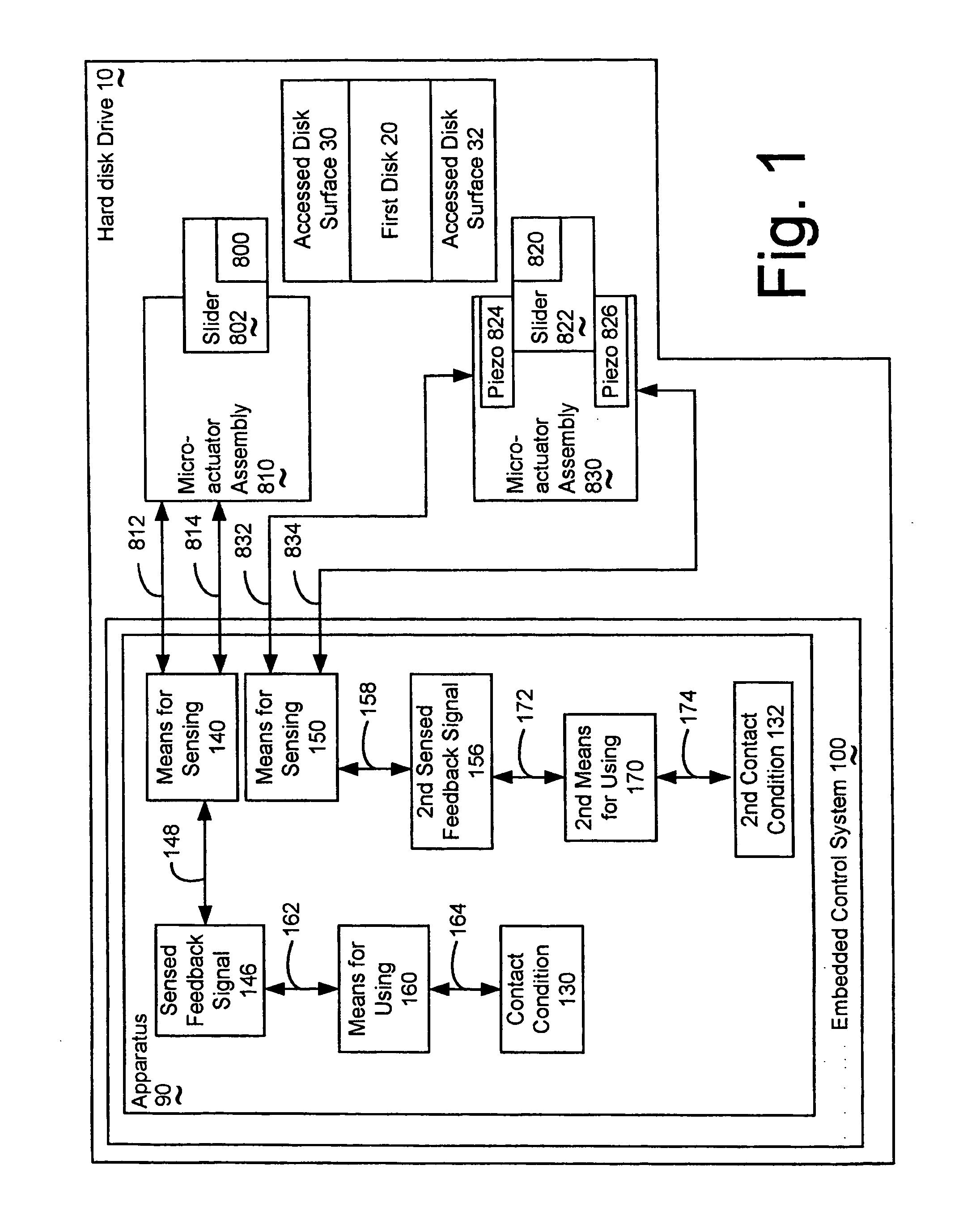 Apparatus for detecting contact between a read-write head and the accessed disk surface in a hard disk drive
