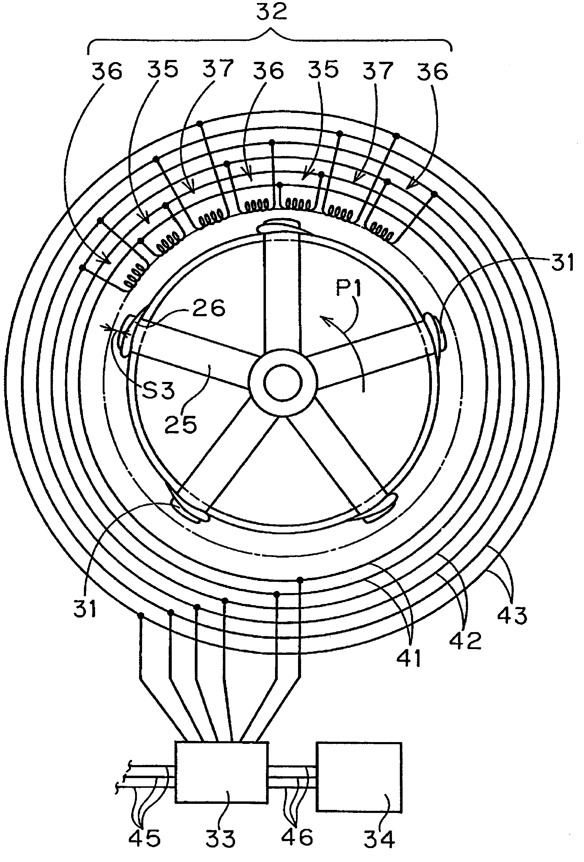 Wind power generation system, arrangement of permanent magnets, and electrical power-mechanical force converter