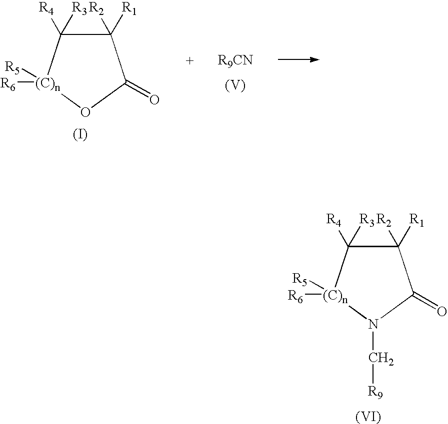 Production of N-(methyl aryl)-2-lactam, N-(methyl cycloalkyl)-2-lactam and N-alkyl-2-lactam by reductive amination of lactones with aryl and alkyl cyano compounds