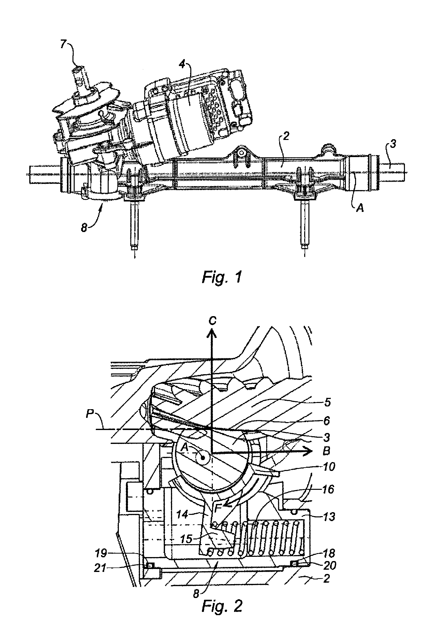 Off-centred pusher device for steering an automobile