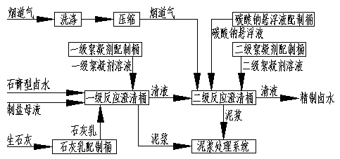 Gypsum type brine purification technique using lime-carbon dioxide method