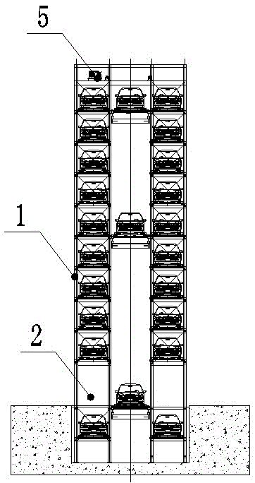 A plate-type tandem mechanical parking equipment with a chain-driven rotary center lift