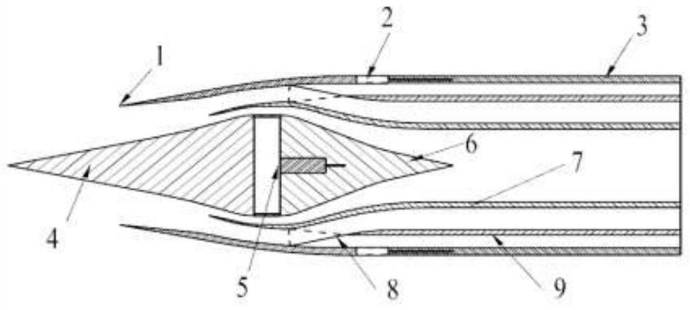 Three-channel axisymmetric adjustable air inlet channel of wide-area combined engine