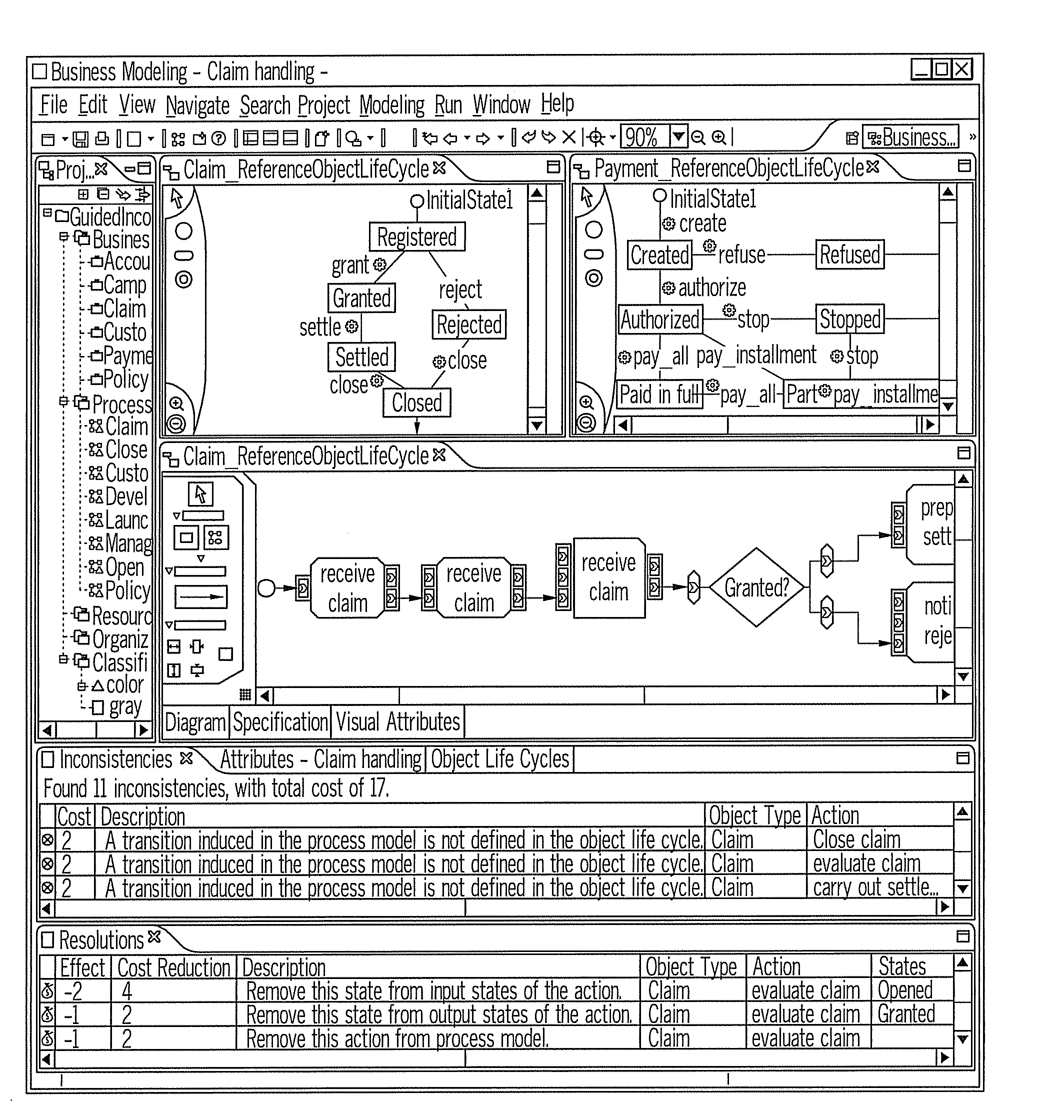 Method and system for guided inconsistency resolution in a model-driven software environment