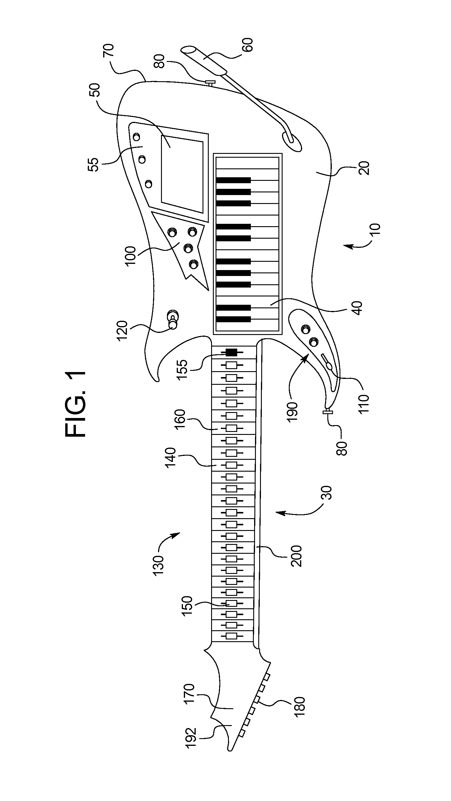 Keyboard guitar including transpose buttons to control tuning