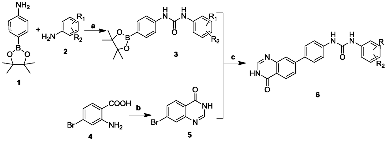 A kind of biphenylurea compound containing quinazolinone and its preparation method and application