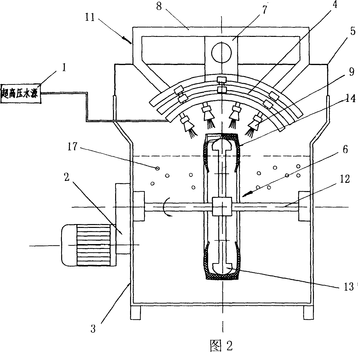 Method and apparatus for preparing rubber powder by using waste and old tyre based on water jet flow technology
