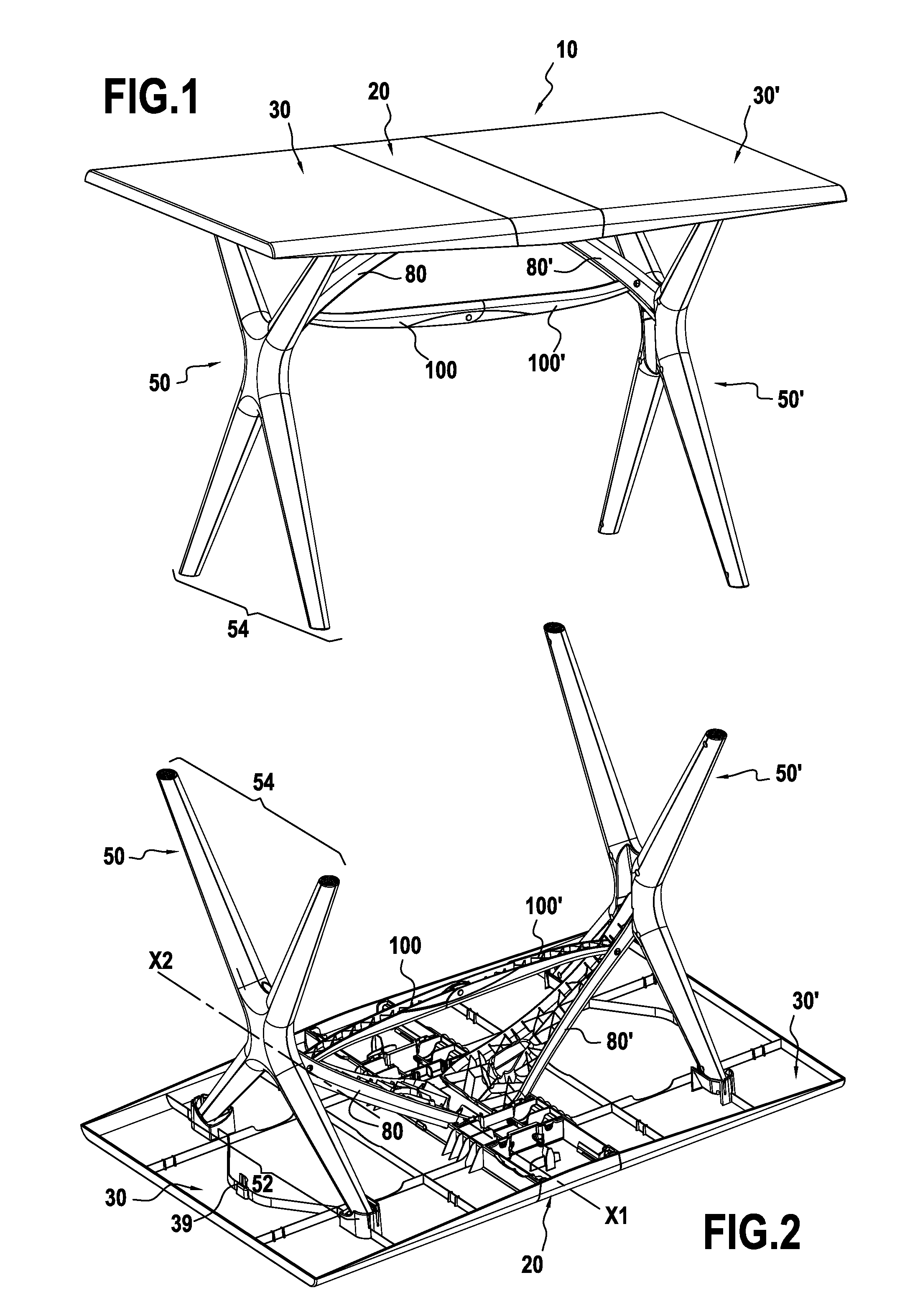 Table including at least one leg that can be turned either way up