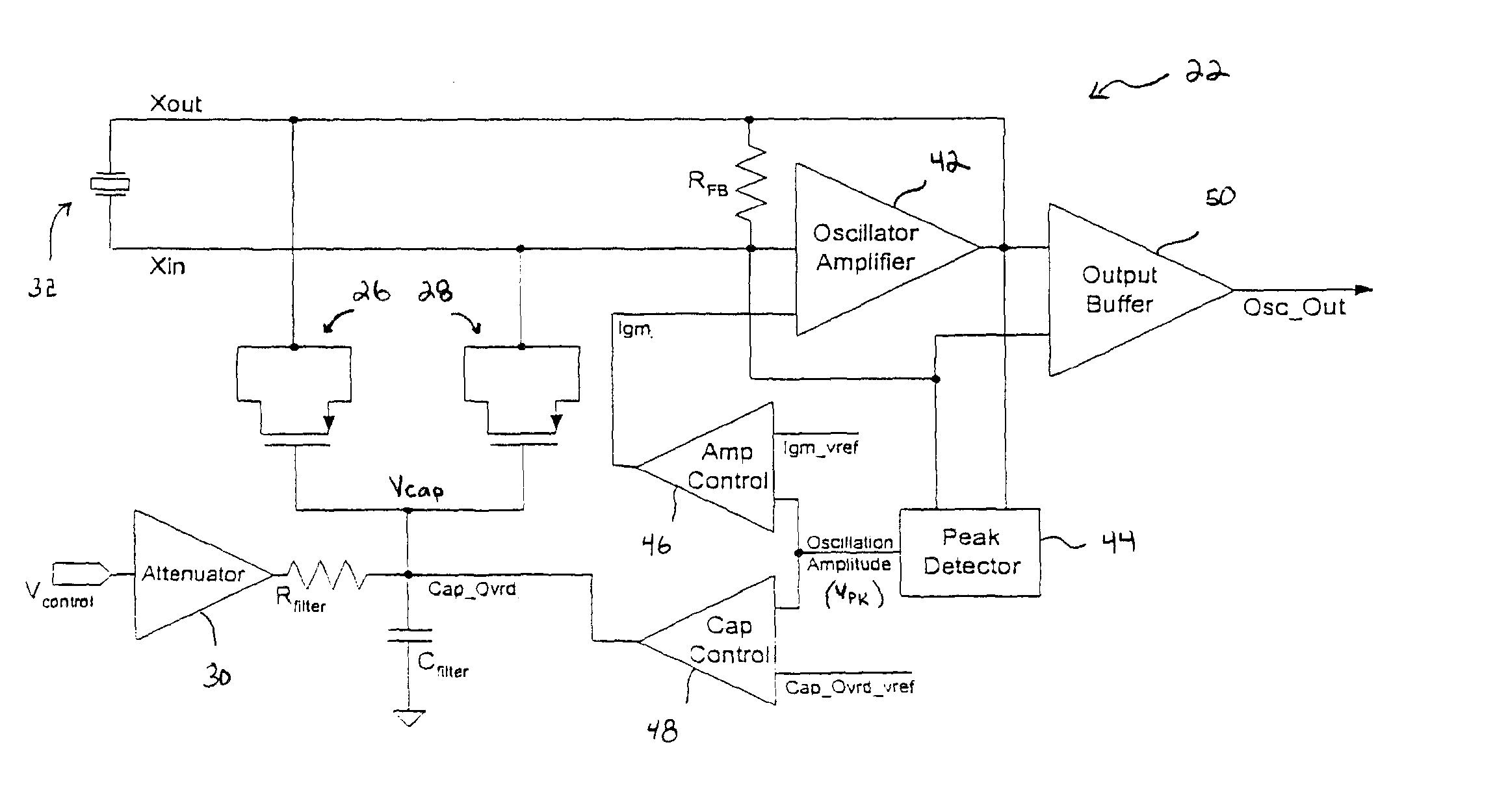 Regulated capacitive loading and gain control of a crystal oscillator during startup and steady state operation