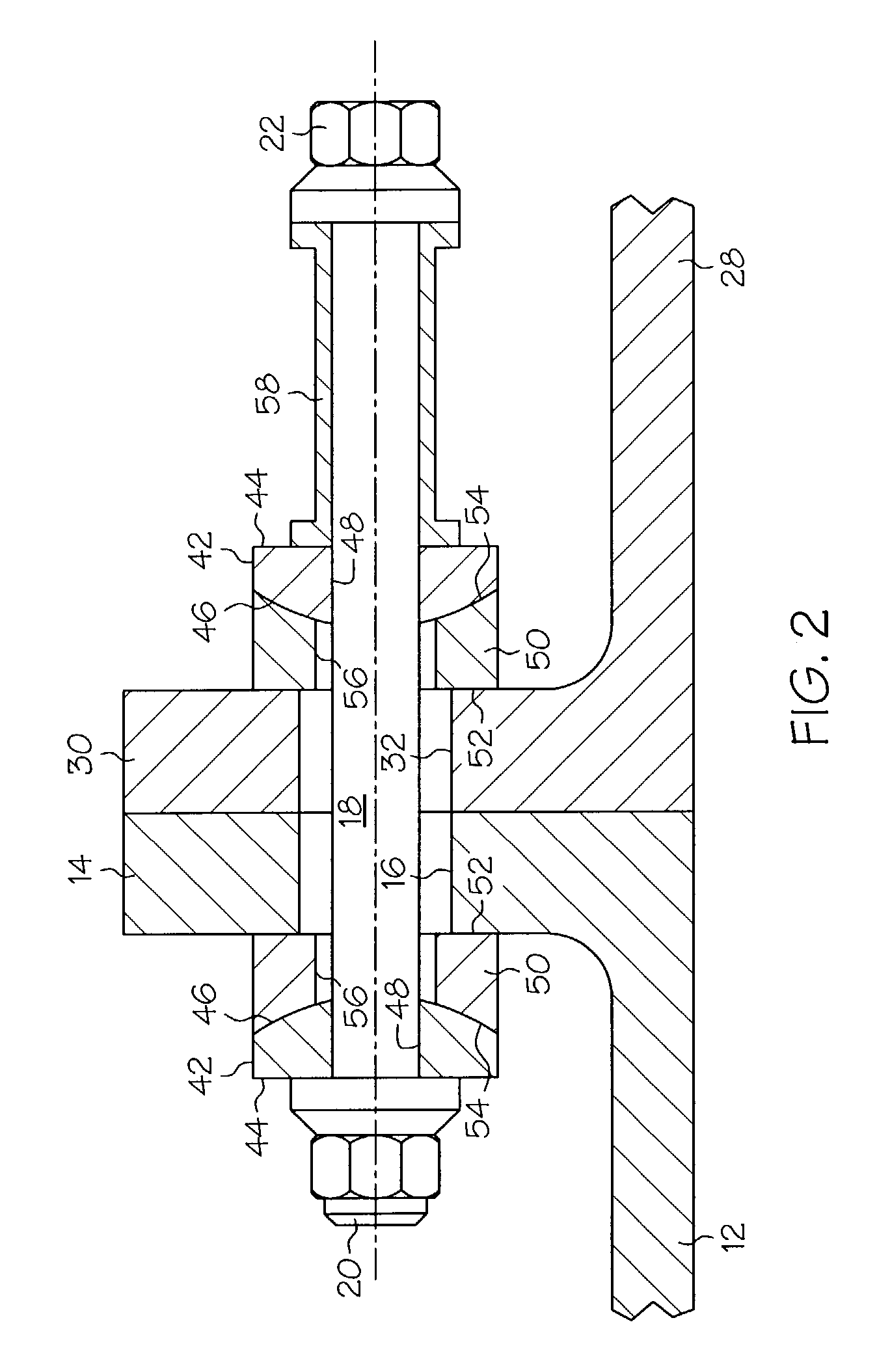 Bolting arrangement including a two-piece washer for minimizing bolt bending