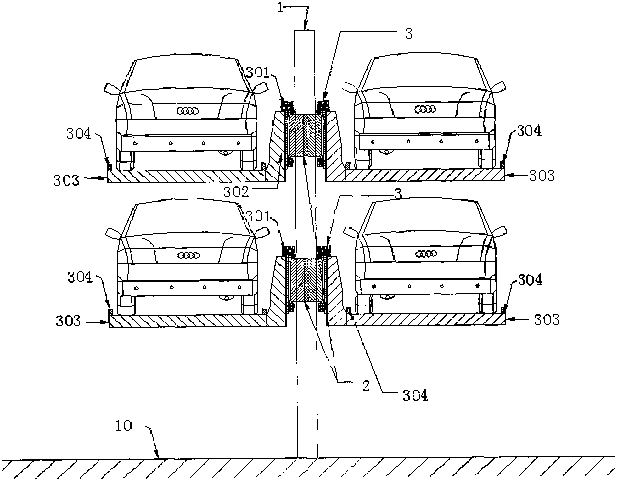 Step type parking device operating on upper track