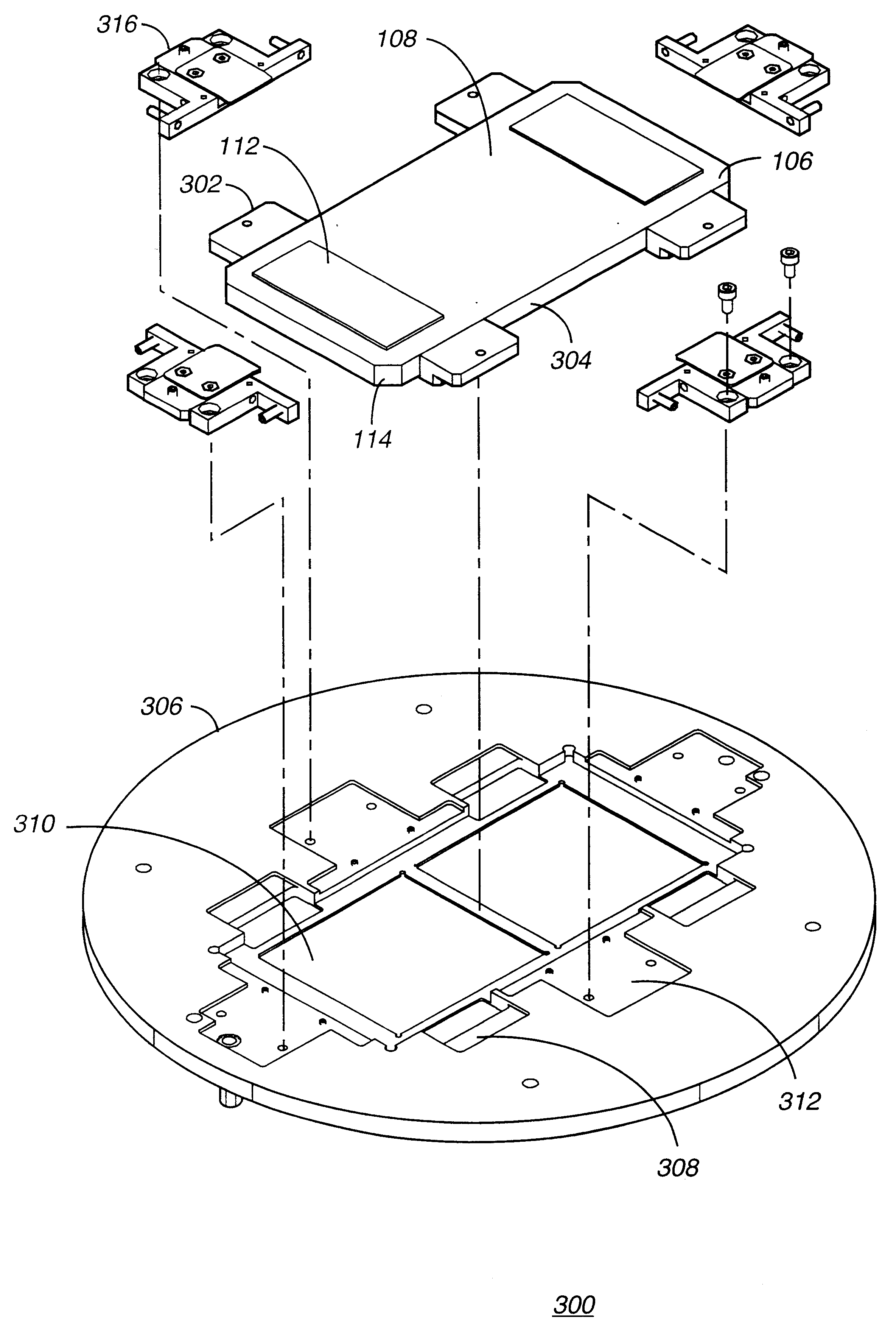 Mechanical fixture for holding electronic devices under test showing adjustments in multiple degrees of freedom