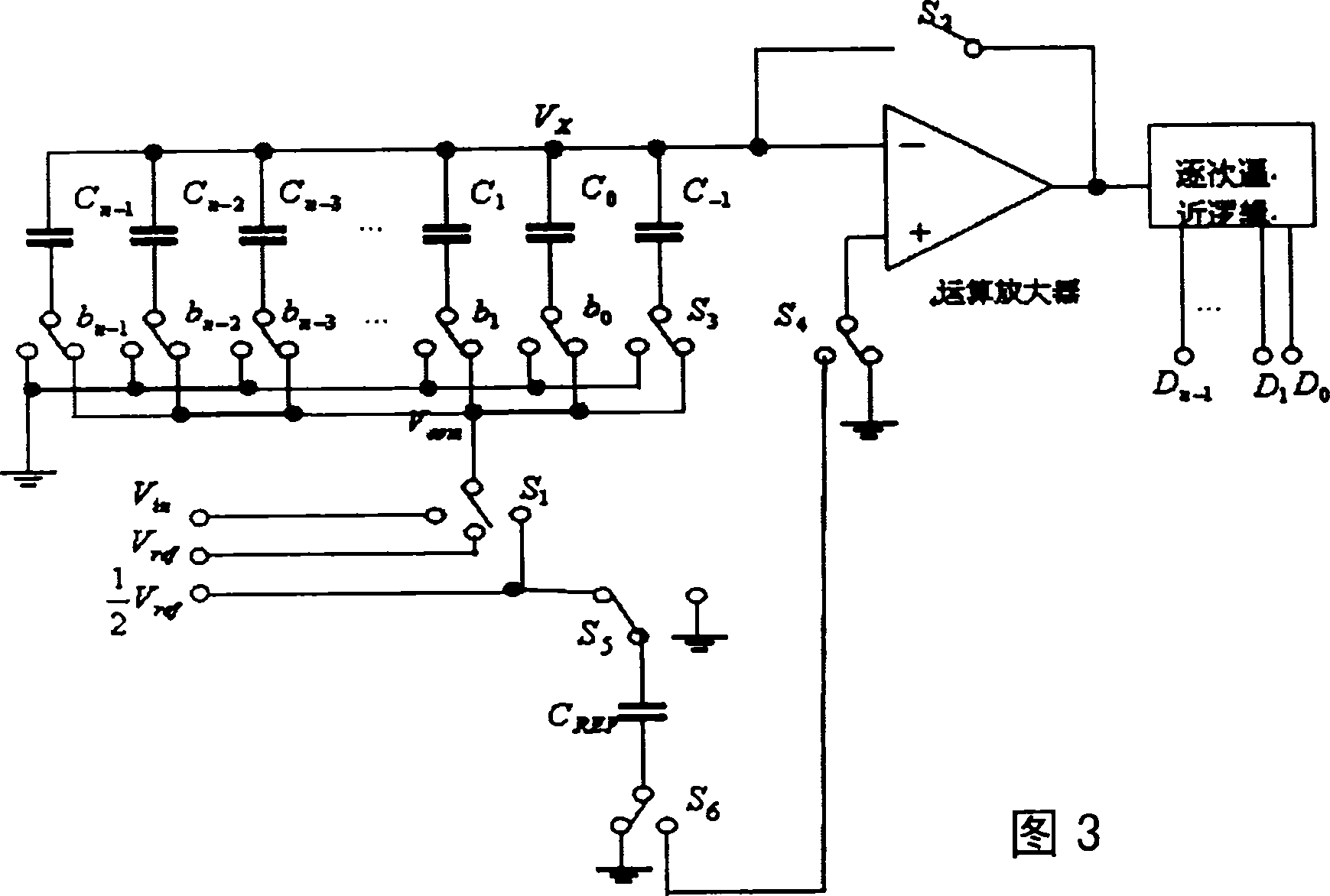 Signal amplitude section divided charge redistribution successive approximation A/D converter