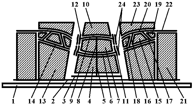 Light-emitting display with multi-angle straight arc combined with silver-gated different slope surface segmented large-side cathode structure