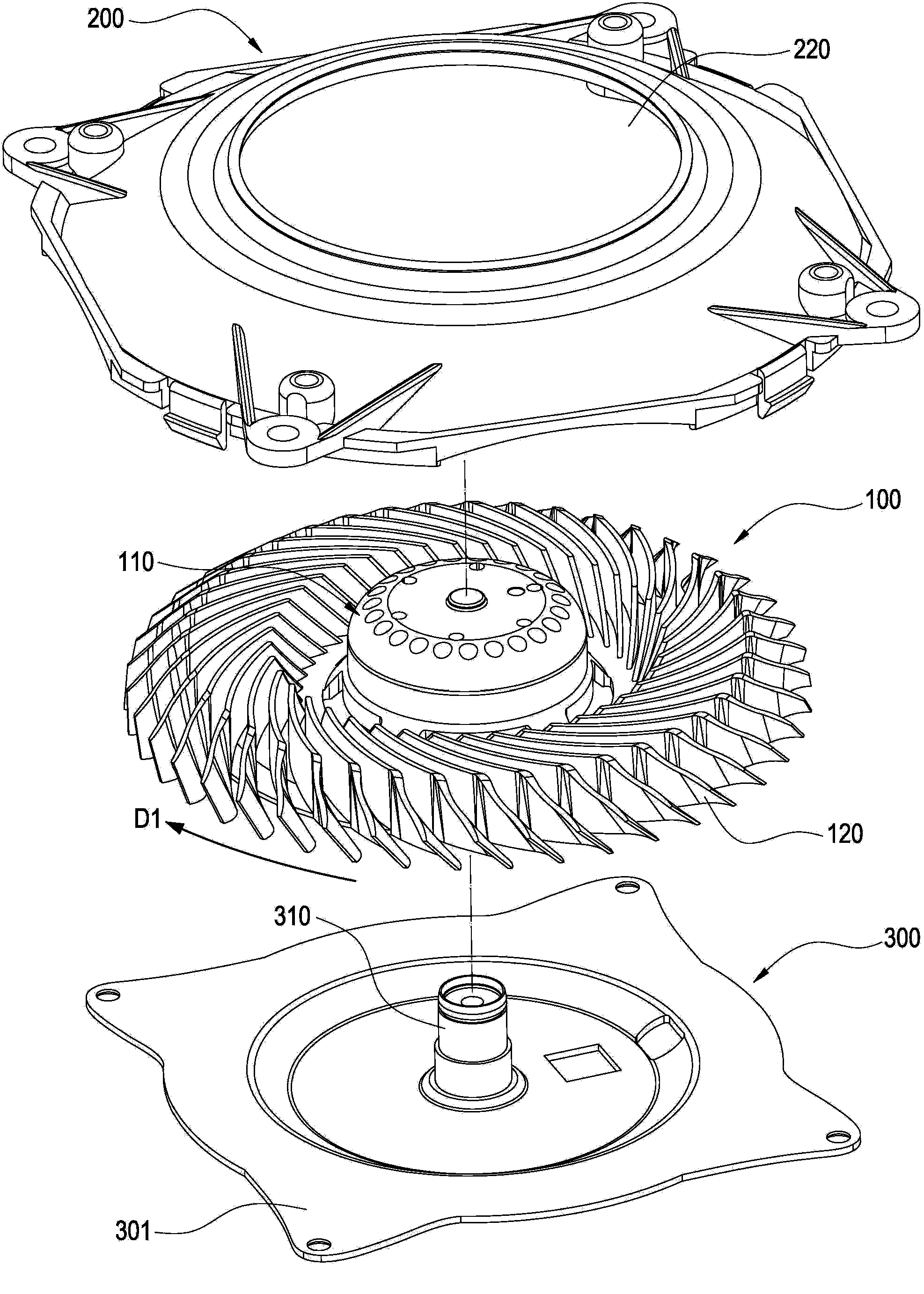 Centrifugal fan with axial flow wind direction