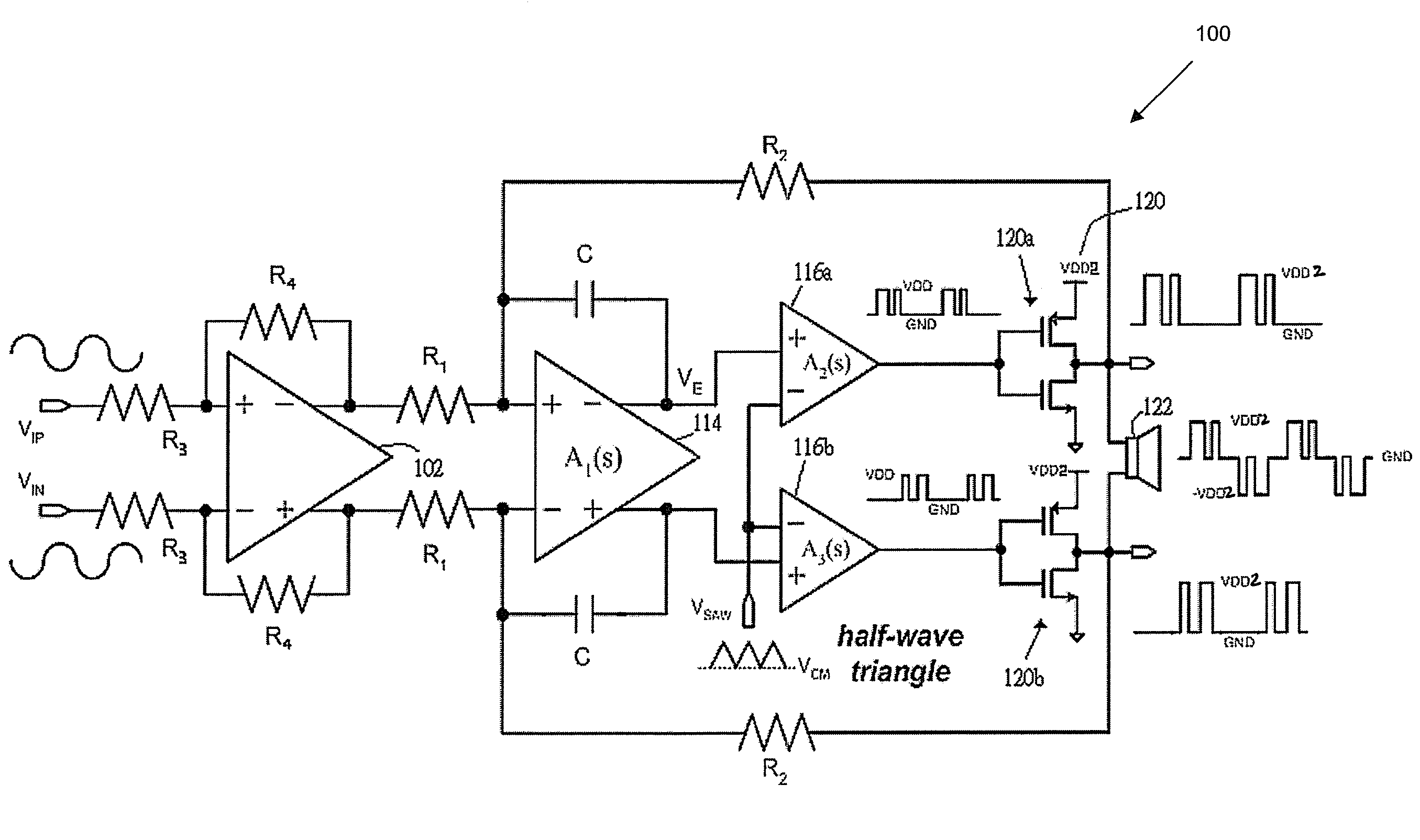 Class-D audio amplifier with half-swing pulse-width-modulation