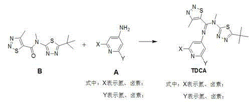 1,2,3-thiadiazole-5-formamidine compound containing three N-heterocycles and synthesis