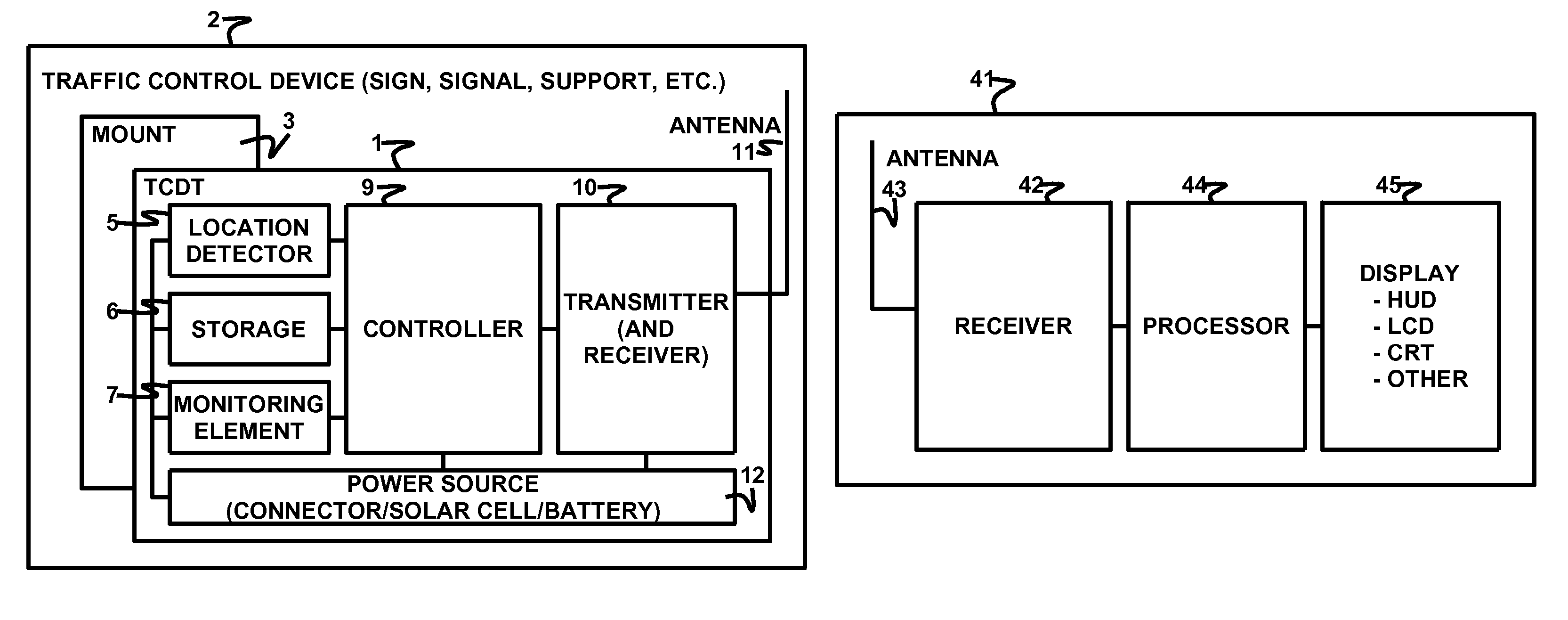 Traffic control device transmitter, receiver, relay and display system