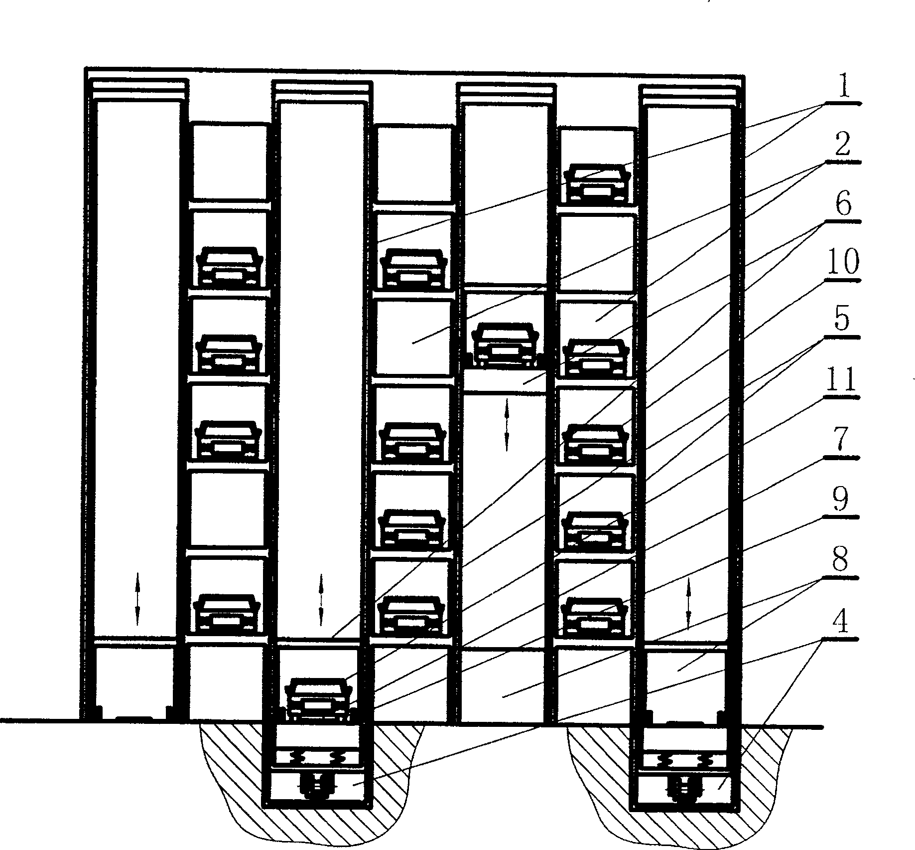 Multi-channel spaced-parallel storage type parking device with comb shelf for conveying vehicle