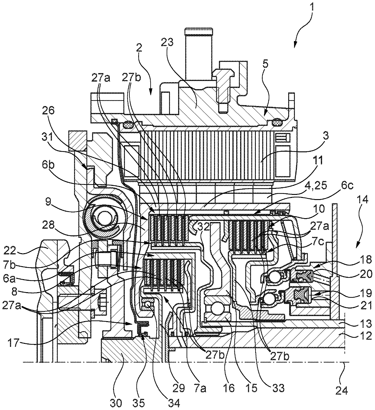 Drivetrain unit with transmission-side mounting of a triple clutch of a hybrid module