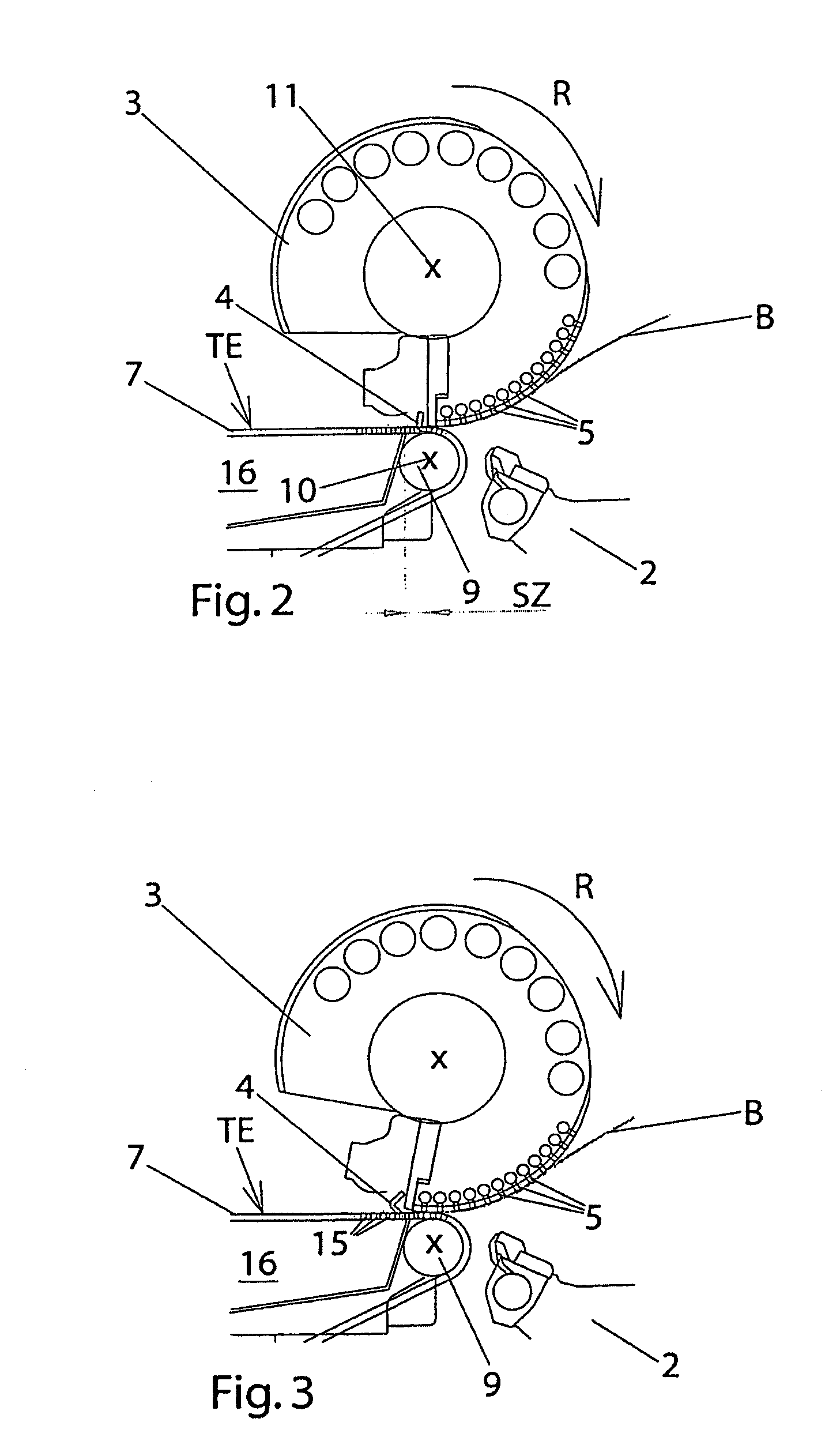 Apparatus and method for drawing in flat material pieces and in-register transportation of the flat material pieces