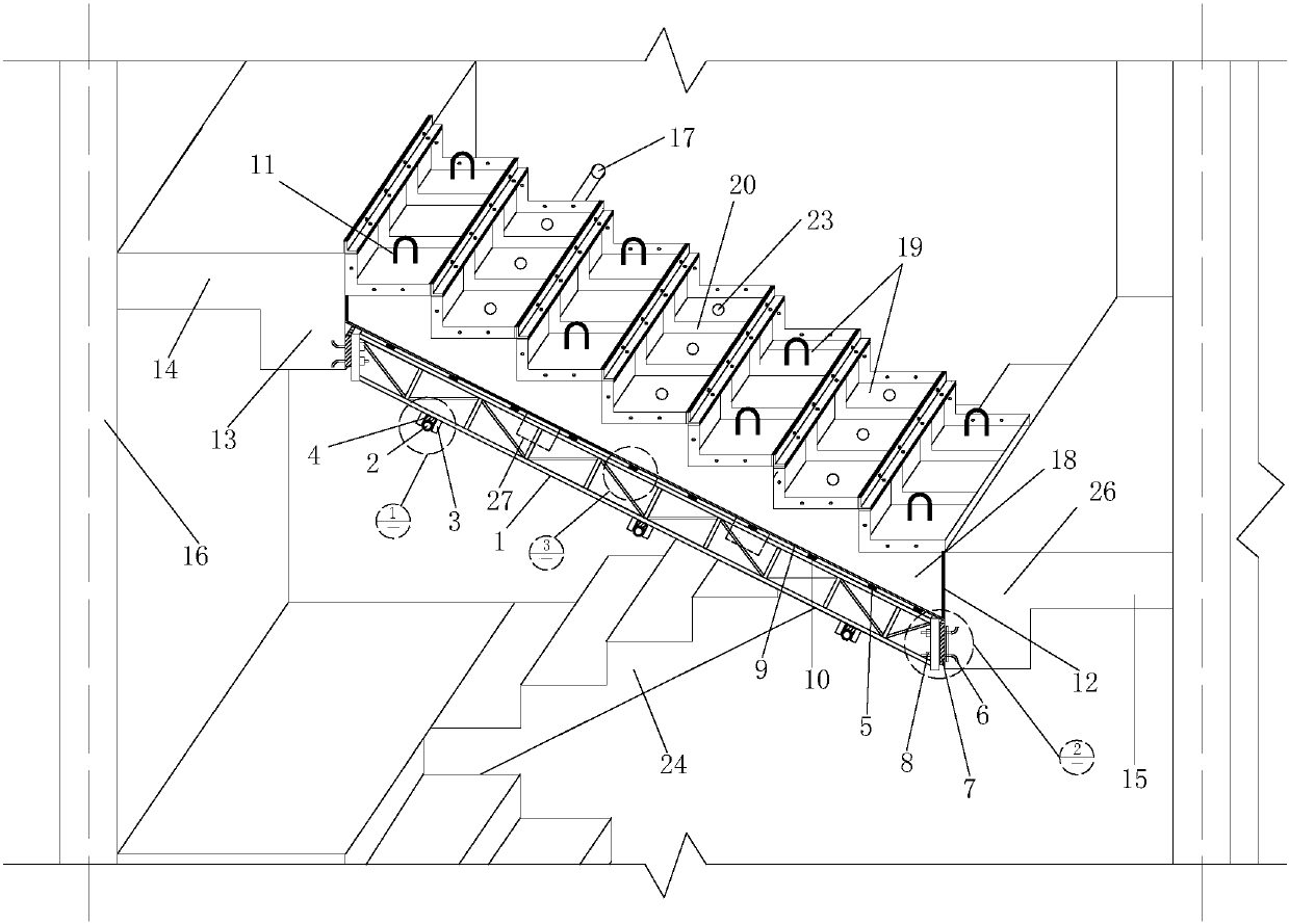 One-time continuous pouring forming structure and construction method of integral aluminum formwork staircase