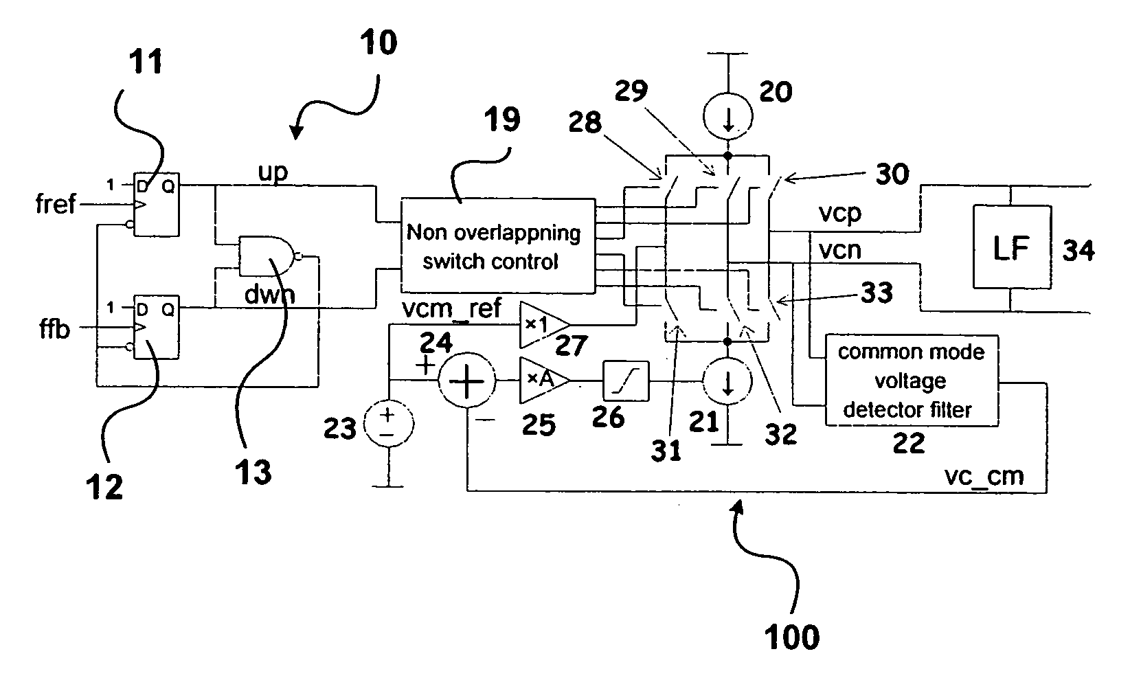 PLL phase/frequency detector with fully differential output charge pump