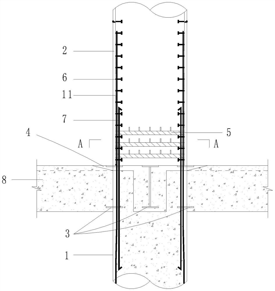 Transition section structure of reinforced concrete column and concrete filled steel tubular column and construction method