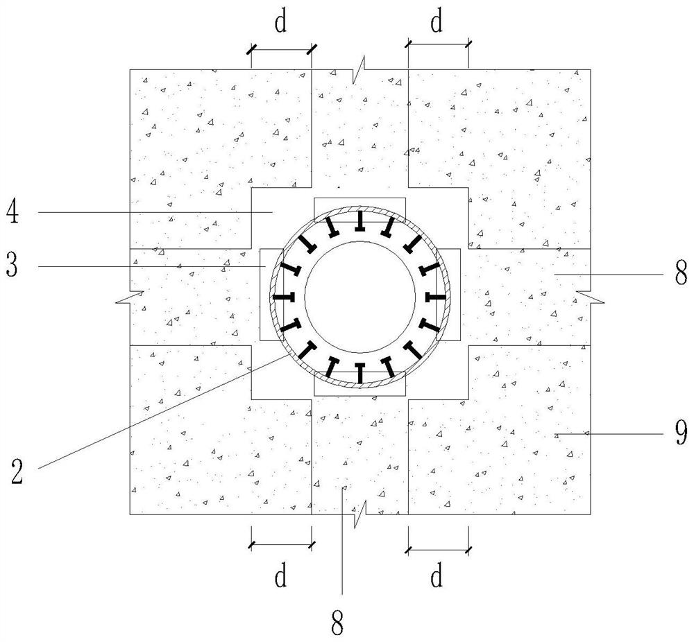 Transition section structure of reinforced concrete column and concrete filled steel tubular column and construction method