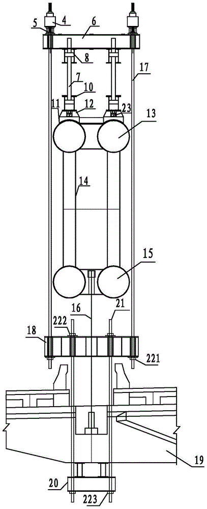 A traction tool hanger device for replacing the hanger rod of a steel tube truss concrete arch bridge