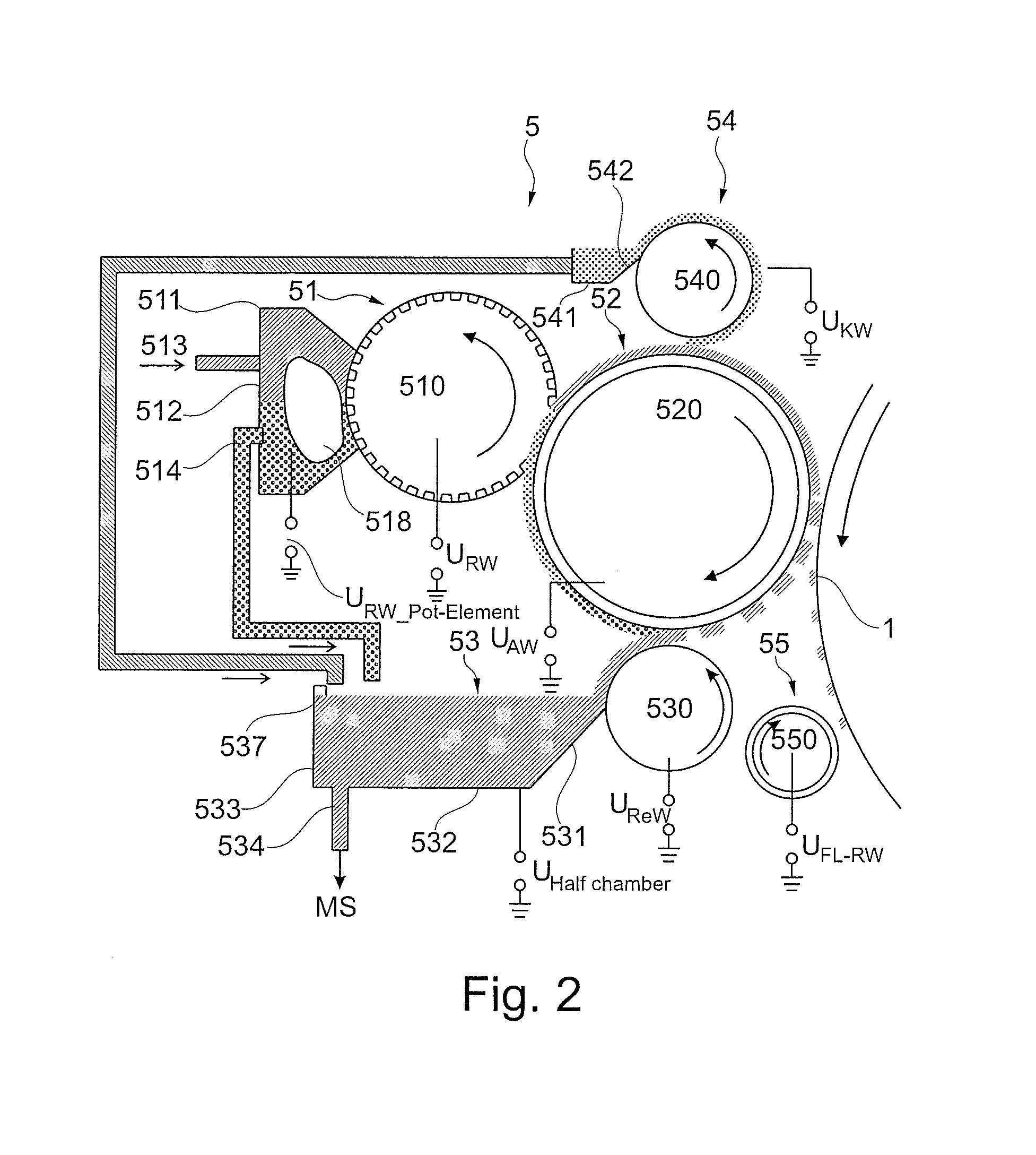 Device and method to develop potential images generated on an intermediate image carrier in an electrographic printing or copying device