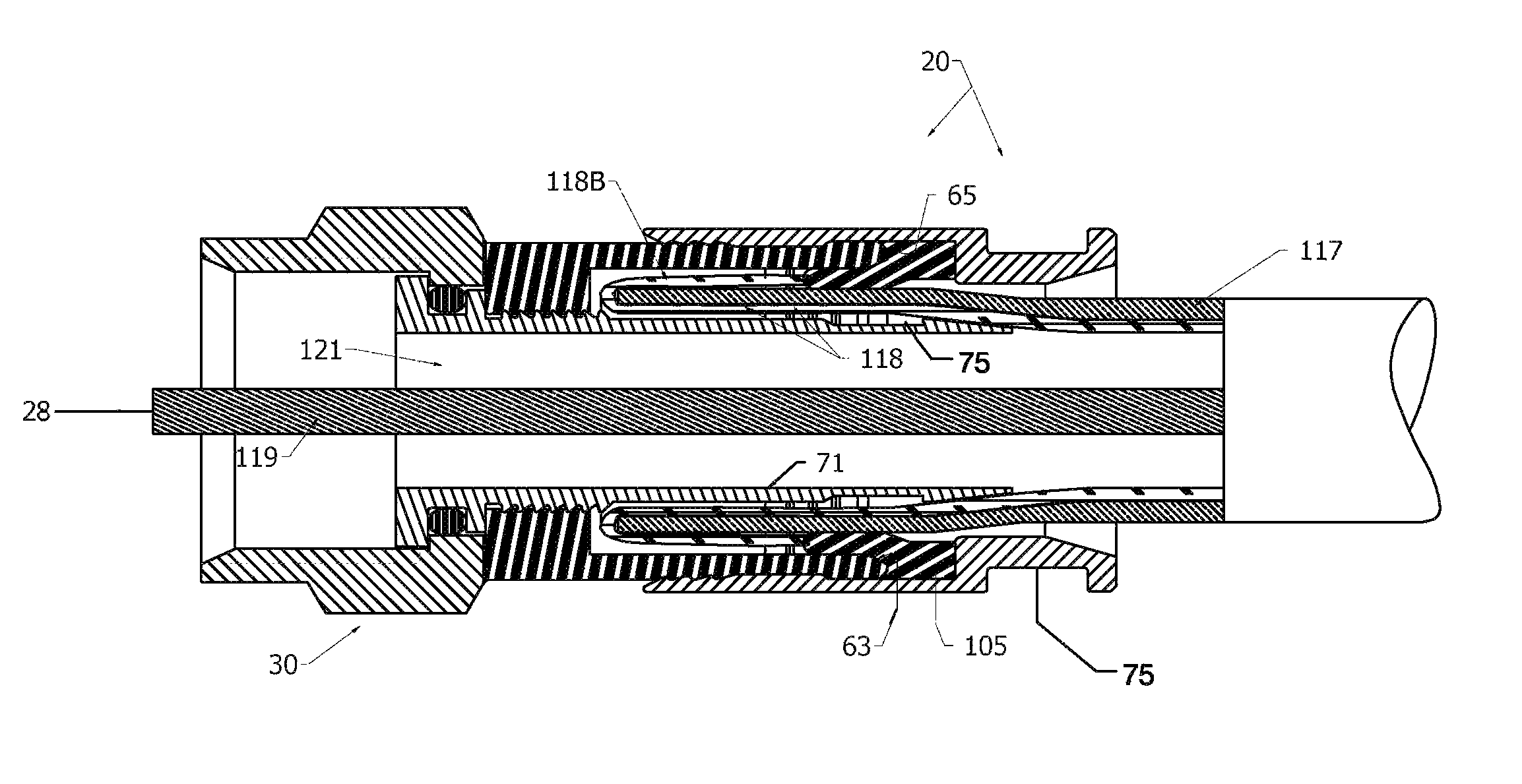 Compression type coaxial F-connector with traveling seal and grooved post