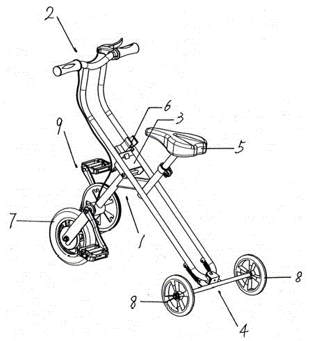X-shaped-folding tricycle capable of being turned by swinging handlebar