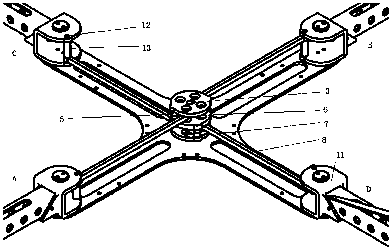 Four-rotor aircraft rack with capacity of automatic folding and spreading