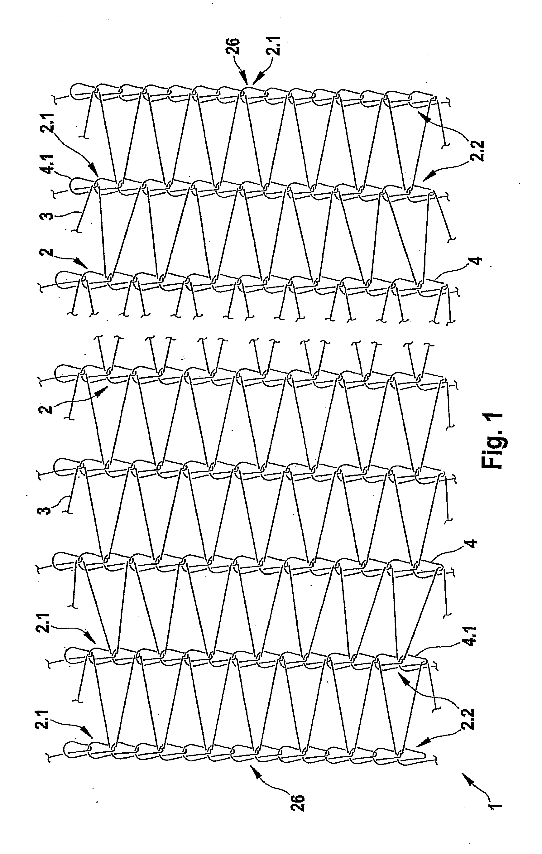 Knitted net for enveloping round bales, and method and device for the production thereof