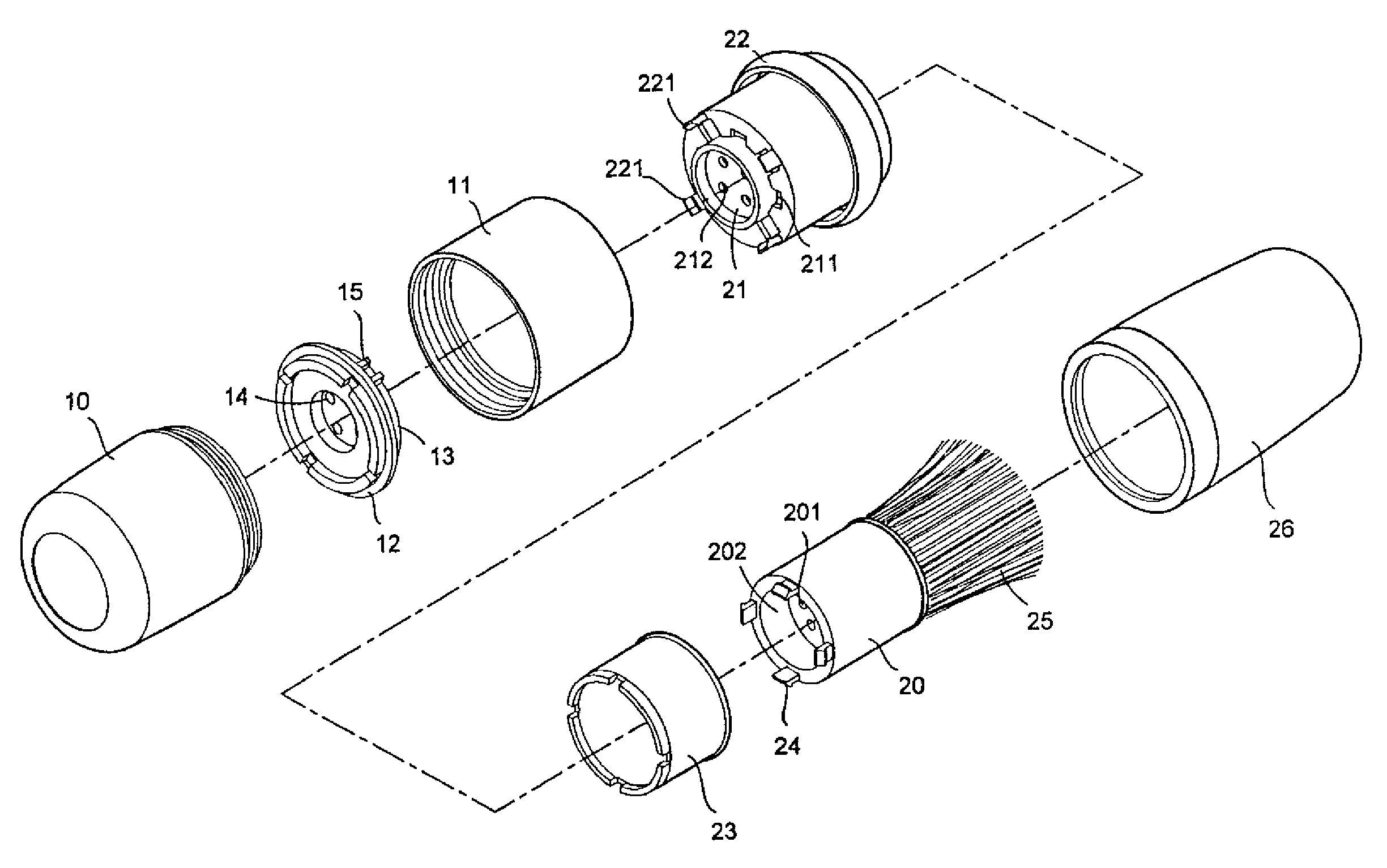 Quantitative discharge structure for brushed cosmetic jar