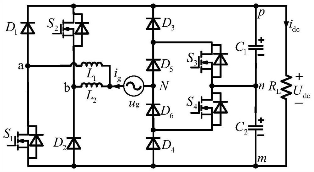 A hybrid bridge arm single-phase three-level power factor correction circuit