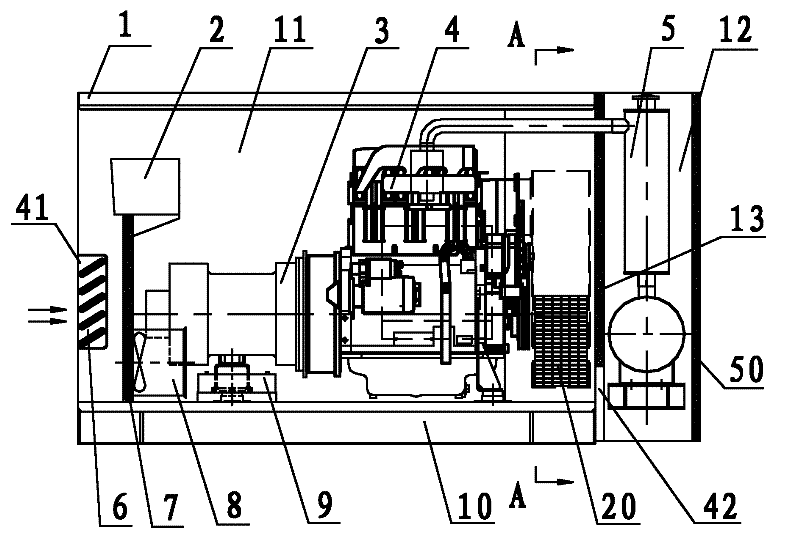 Air intake and exhaust device of air-cooling type low-noise diesel power generating set