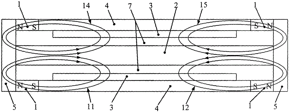 Magnetic circuit structure of rectangular open magnetic field type electromagnetic vibrating table with four magnetic circuits symmetrically excited