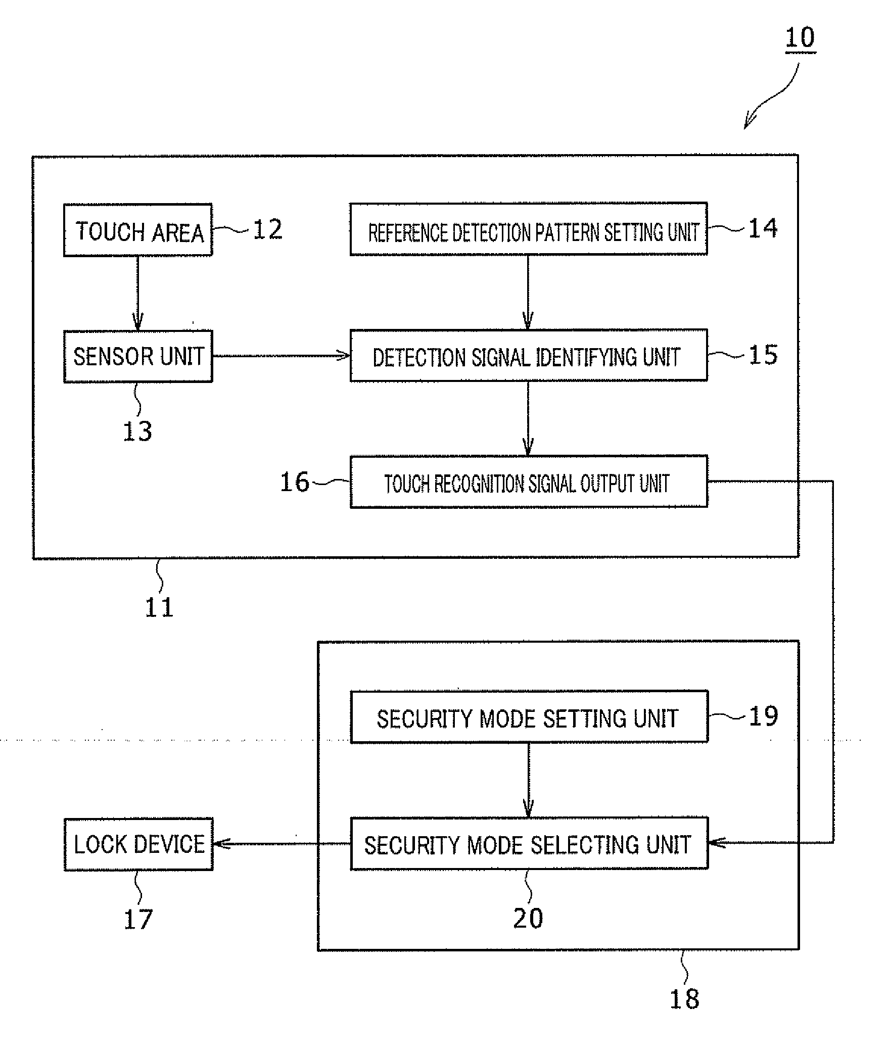 Contact detection device for vehicular use and security device for vehicular use