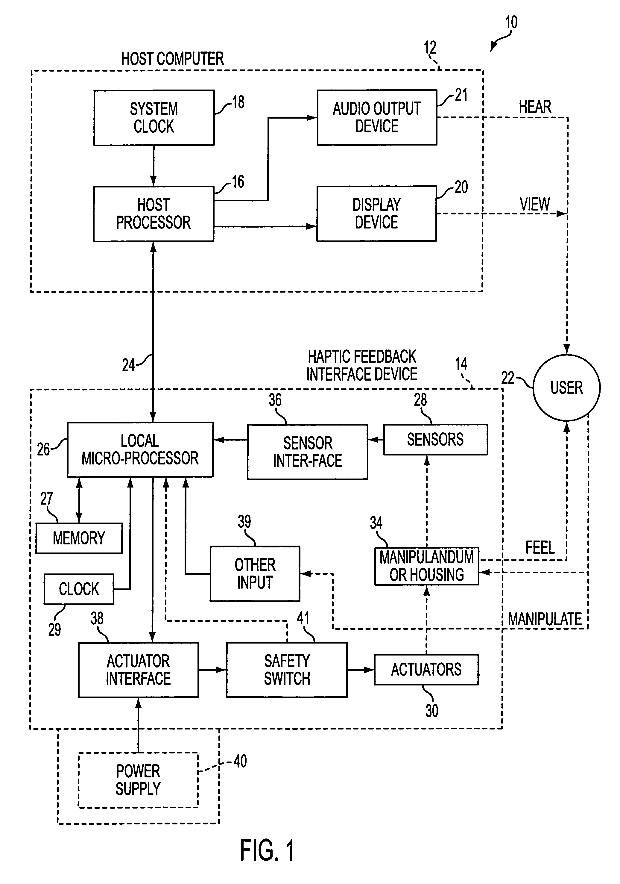 Hybrid control of haptic feedback for host computer and interface device