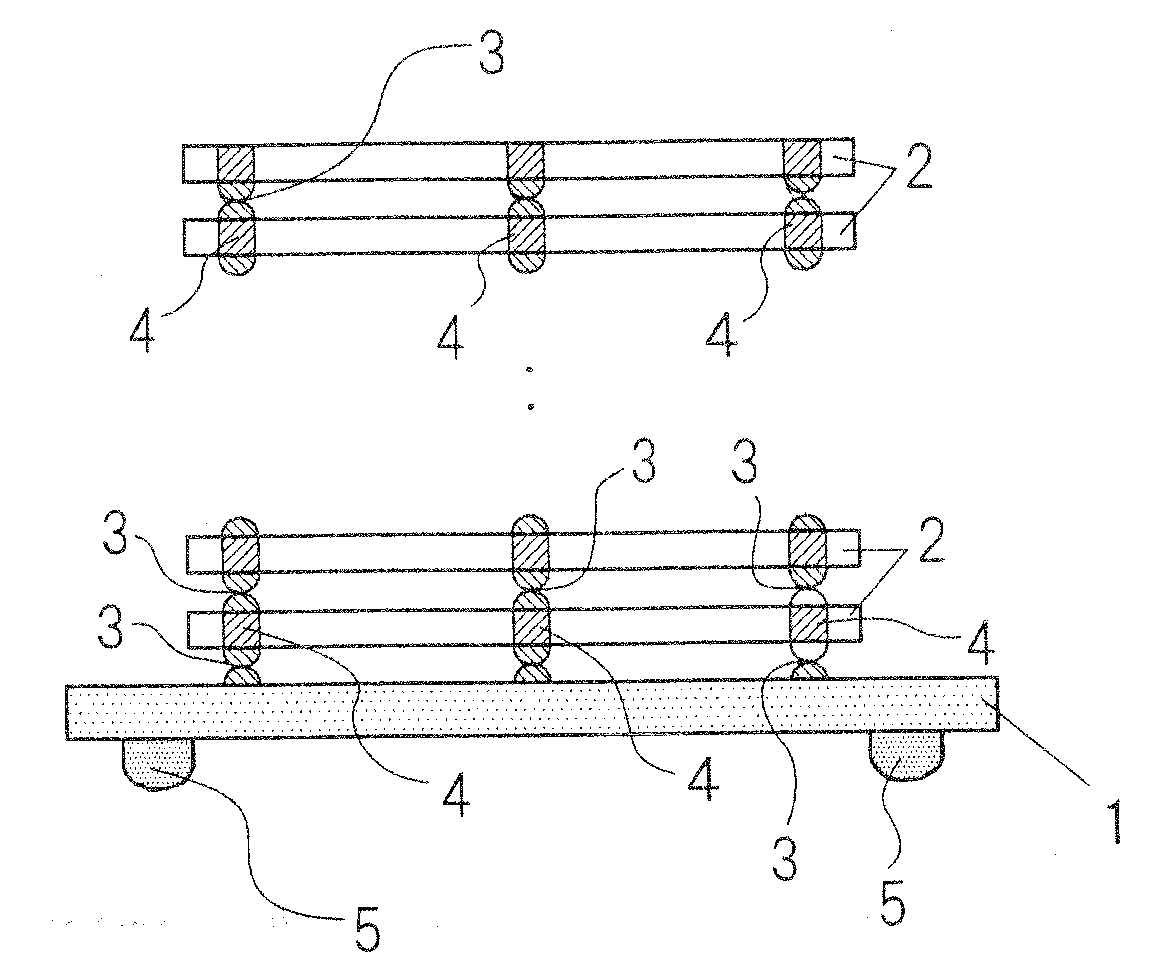 Separate testing of continuity between an internal terminal in each chip and an external terminal in a stacked semiconductor device